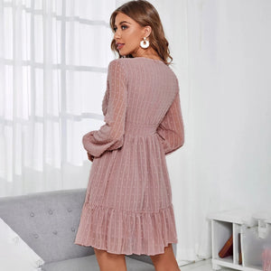 Women's Elegant Long Sleeve Mini Dress V-Neck High Waist  Chiffon Casual Fashion Ruffles Dresses