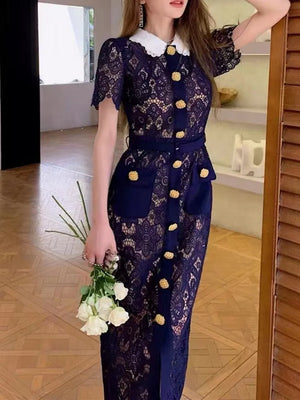 Elegant Vintage Solid Lace Hollow Out Dress For Women Summer Short Sleeve Gold Button Dress