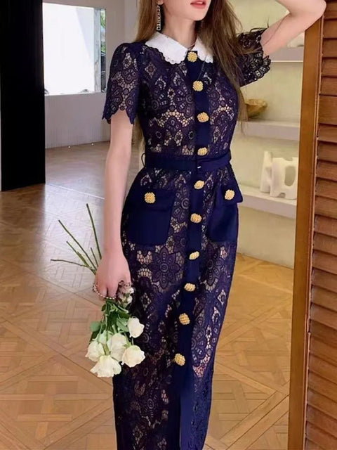 Maxi Dress Women Elegant Vintage Solid Lace Hollow Out Short Sleeve Gold Button Summer Casual Dress