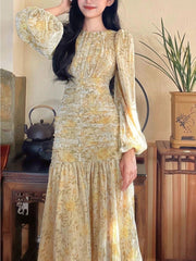Elegant Long Sleeve Floral Print Lace Bodycon Midi Dress
