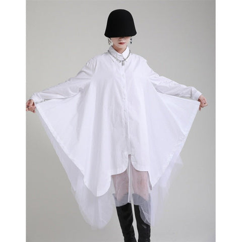 Long Sleeve Lace Shirt Dress Women Black Irregular Hem Loose Fit Plus Size Casual Fashion