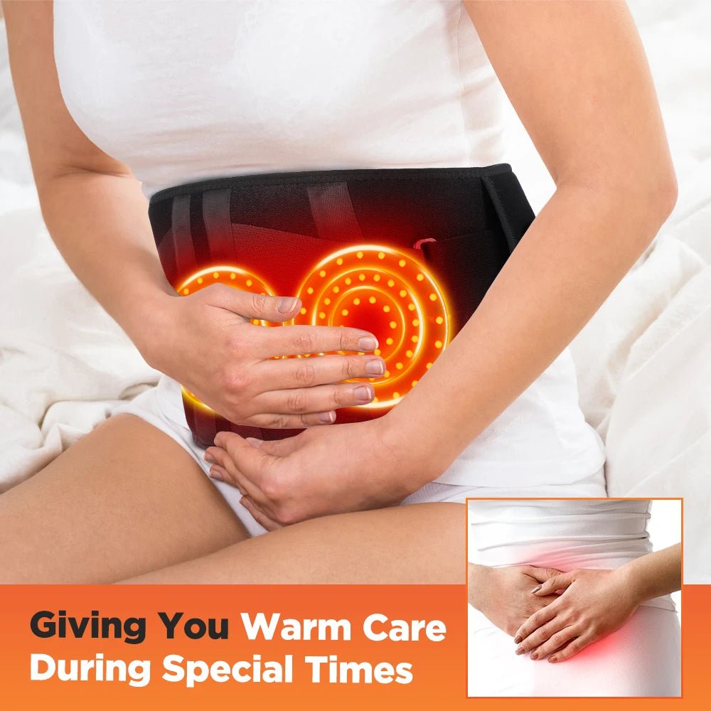 Person using a heating pad on their lower abdomen with text about warm care.