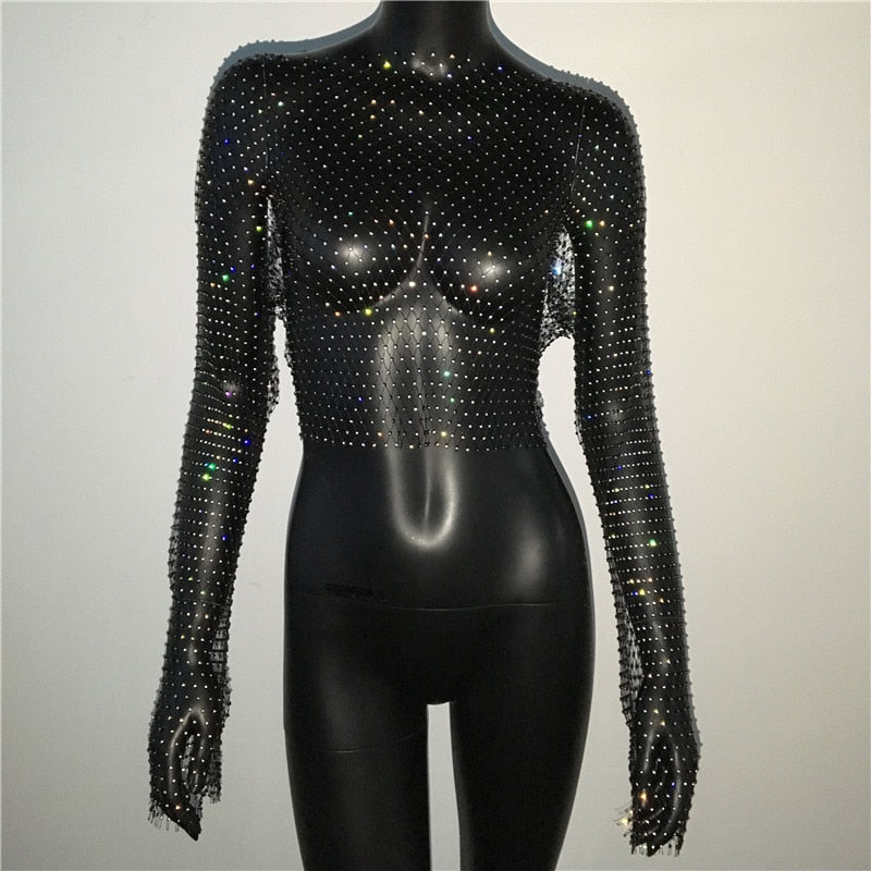 Rhinestone Fishnet Top Crystal Diamond Mesh Top, Sparkling See-Through Long Sleeve Top
