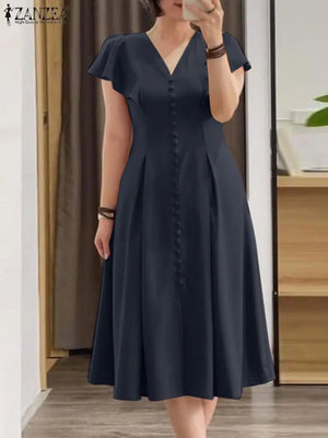 Spring Summer Elegant V-Neck Short Sleeve Dress Women's Boutique Fashion Solid Pleated Mid-Calf Business Party Dress Plus Sizes