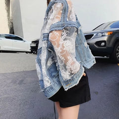 Women's Jean Jacket Embroidered Lace Patchwork Sexy Denim Jacket Frayed Tassel Loose Blue Jean Jacket