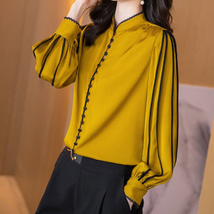 Women's Yellow and Black Satin Shirt Spring Autumn Fashion Long Sleeve Button Blouse