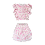 Women's Floral Patchwork Two Piece Set Cropped Top w/ Ruffle and Ruffled Mini Shorts Skirt