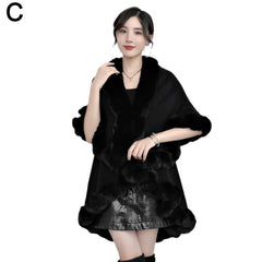 Faux Fur Collar Poncho Knitted Shawl Women's Fur Cloak Knitted Decor Balls Cardigan Shawl