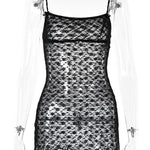 Black/Khaki Sleeveless Spaghetti Strap Aesthetic Mesh See Through Lace Mini Dress
