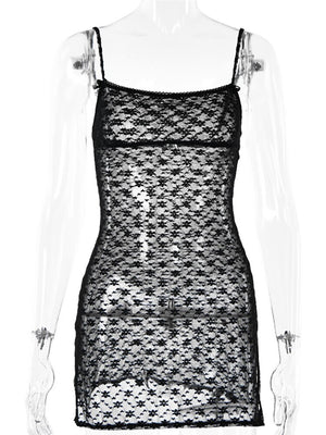 Black/Khaki Sleeveless Spaghetti Strap Aesthetic Mesh See Through Lace Mini Dress