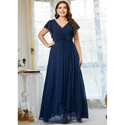 Plus Size Chiffon Maxi Dress Women Royal Blue V-Neck Short Sleeve Elegant Evening Wedding Prom