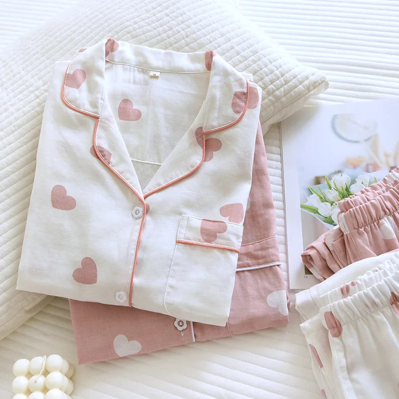 Heart-Print Long-Sleeve Pajama Set 100% Cotton