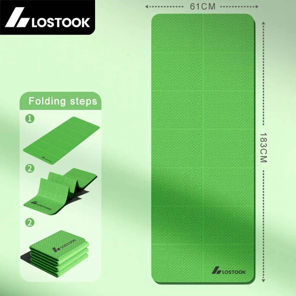 Green exercise mat with folding steps and dimensions on a light green background, featuring the Lostook brand.