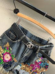 Women's Vintage Y2K Sequin Floral Denim Shorts Distressed Tassel Embroidered Handmade Rhinestone Fringe Denim Shorts