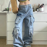 Cargo Jeans American Style Street Style Baggy Cargo Pants for Women Multi-pocket Wide Leg Denims