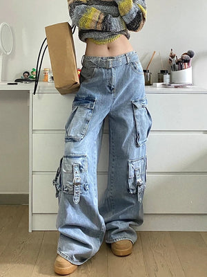 Cargo Jeans American Style Street Style Baggy Cargo Pants for Women Multi-pocket Wide Leg Denims