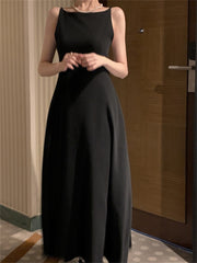 Women's Elegant Long Sleeveless Wedding Guest Bridesmaid Dress A Line Solid Color Prom Dress White/Black