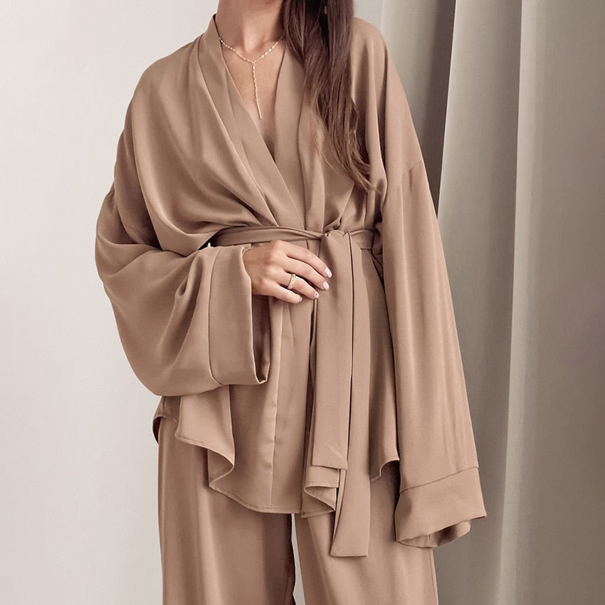 Elegant Long Sleeve Solid Color Sleepwear 2 Piece Set Women's Loose Pajama Lounge Set