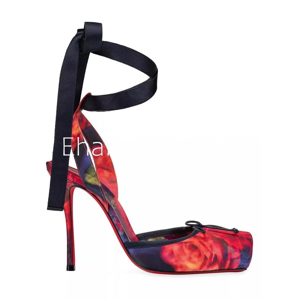 Stunning Black Satin High Heel Sandals with 10cm Red Sole w/ Ankle Straps