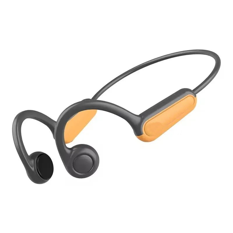Black and orange wireless earbuds on a white background