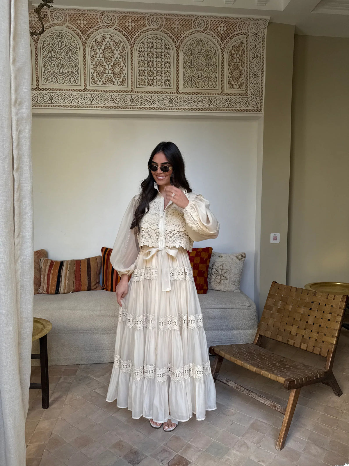 Boho Maxi Dress Women Lace Patchwork Puff Sleeve Long Beach Summer Vacation Bohemian Gown