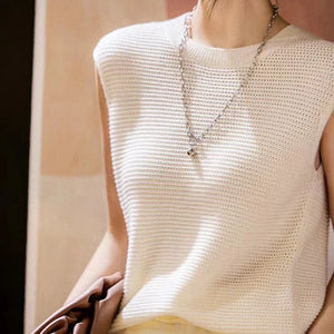 Hollow Out O-Neck Knitted Shirt Tank Top Women's Summer Casual Sleeveless Blouse Vintage Elegant Tank Top