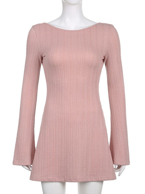 Long Sleeve Backless Knit Mini Dress Women Elegant Casual Party Club Fashion Dress