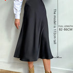 Women's Long Satin Style Midi Skirt Elegant High Waist Office A-line Solid Vintage Skirt