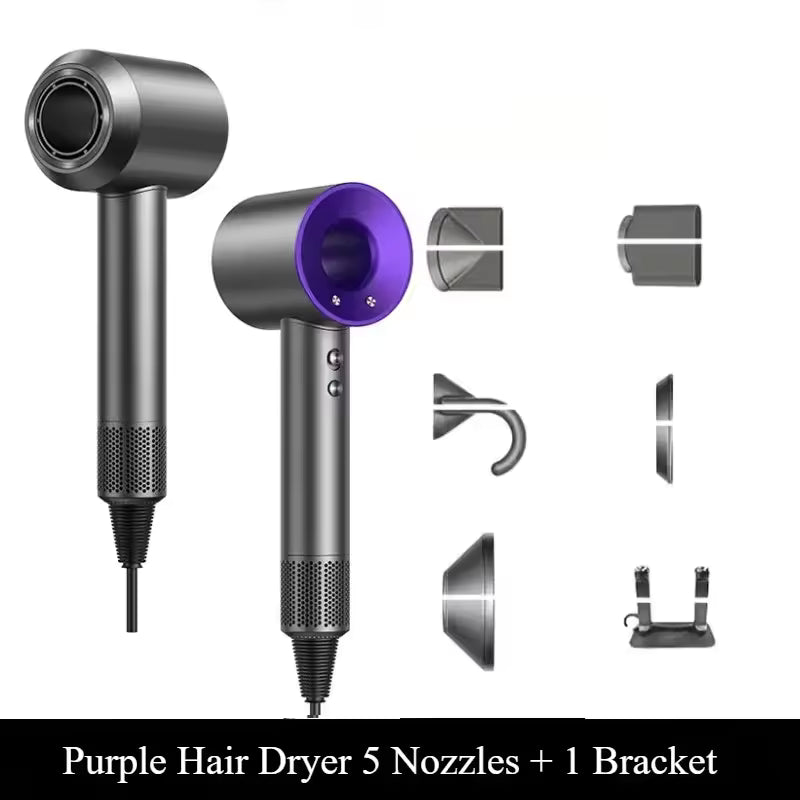 Purple hair dryer with five nozzles and a bracket on a white background