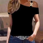 Women's  One Shoulder Casual Short-Sleeved Tops Summer Printed T-Shirt Top