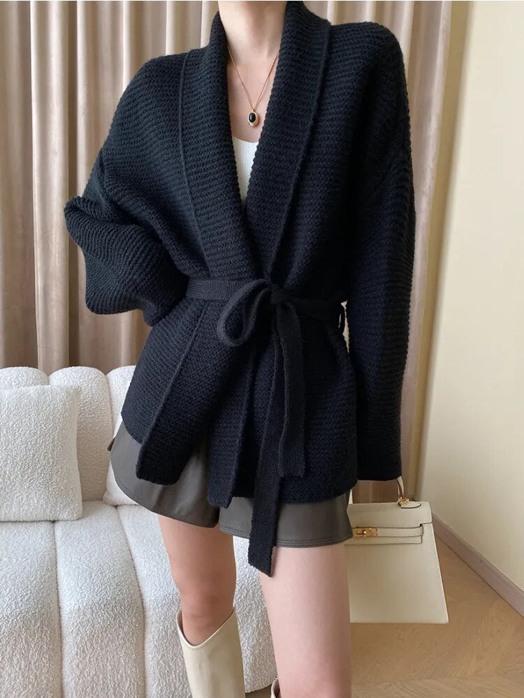 Knitted Cardigan Sweater Loose Lace Up Waist Oversized Warm Cardigan for Women One Size