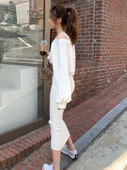 Elegant Women's Loose Pullover Top + Slim Long Dress 2 Piece Suits