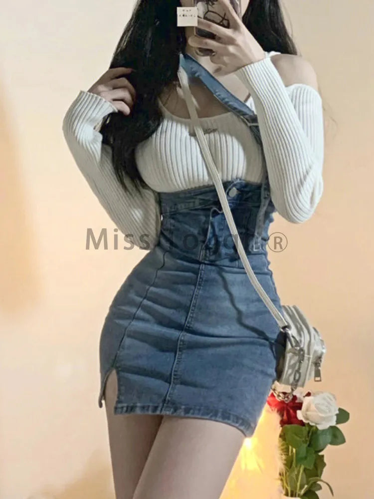 Blue Vintage Knitted Two Piece Skirt Set for Women Sexy Denim Party Mini Skirt with Knitted  Long Sleeve Top