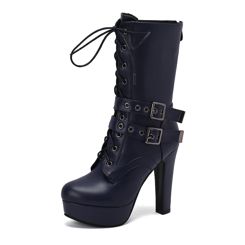 Navy blue high-heeled boot with buckles on a white background