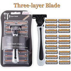 Shaver with multiple razor heads and packaging on a white background