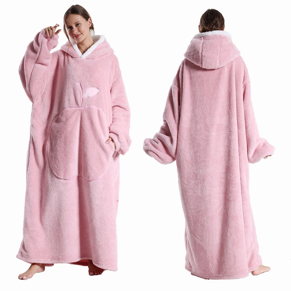Pink robe with hood worn by a model on a white background