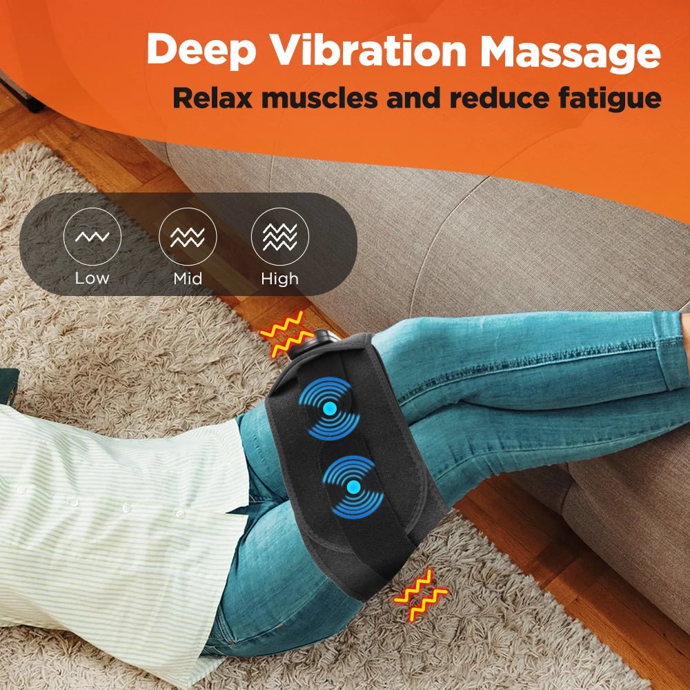 Person using a deep vibration massage device on their leg with text indicating relaxation benefits.