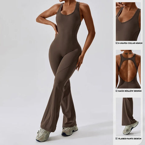 Fitness Bodysuit Women Gym Training Yoga Sportswear Stretch Workout Romper Flare Bottoms Activewear