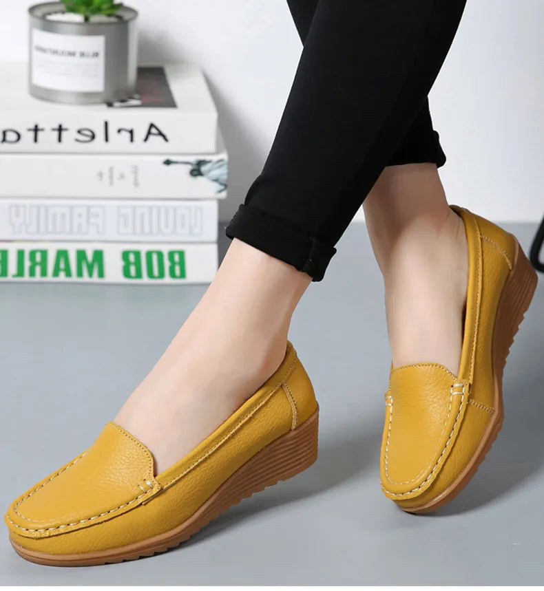 Women's Wedge Heel Shoes New Leather Slip On Loafers Casual Flats