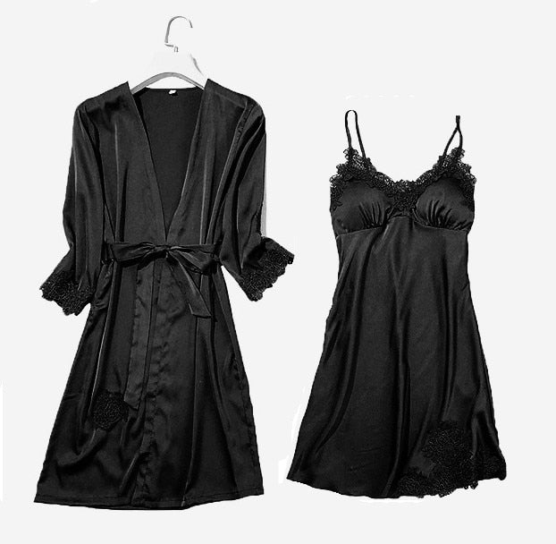 Satin Lace Pajama Set Women 2-5 Piece Night Robe Gown Sleepwear Casual Loungewear Fashion