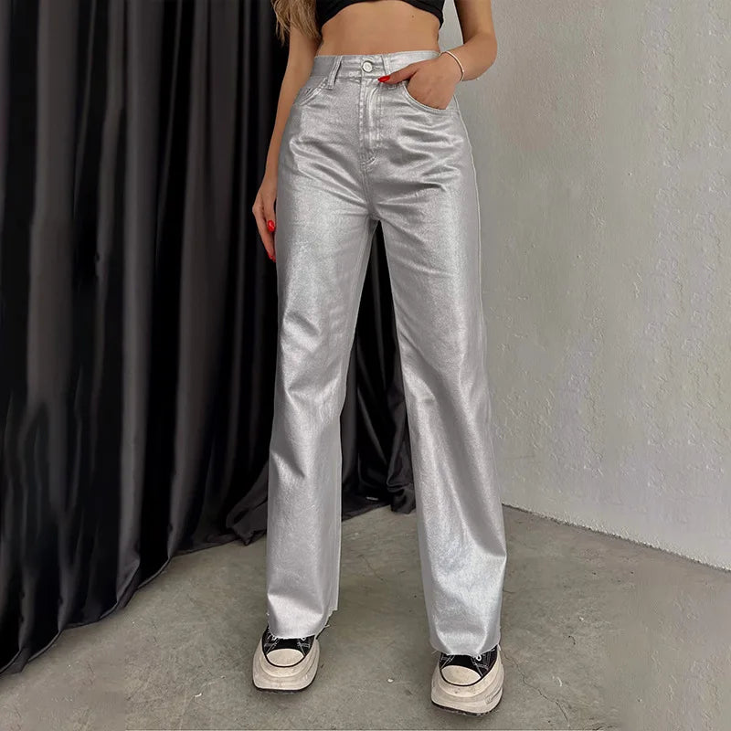 Gold & Silver High-Waist Metallic Straight Loose Fit Pants for Parties & Events