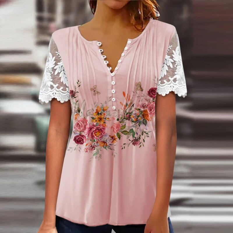 Floral Print Lace Top Women's Patchwork  Embroidered Mesh Short Sleeve Blouse