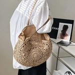 Handcrafted Round Straw Woven Beach Tote Bag Vacation Beach Hollow Out Shoulder Bag