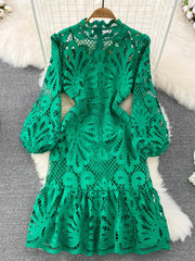 Women's Lace Short Dress Hollow out Floral Embroidery Puff Ruffle Long Sleeve Vintage Elegant Dress