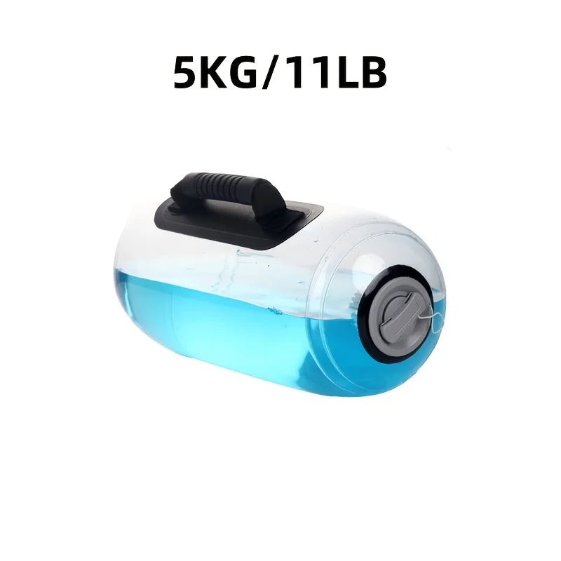 White and blue handheld Fitness Aqua Water Weight Bag with black handle, showing '5KG/11LB' text on a white background.