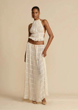 Elegant 2 Piece Set White Halter Pleated Maxi Dress with Tiered Layers and Adjustable Waist Belt & Backless Sling Top Long Skirt Suit