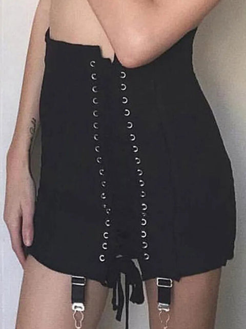 Mini Skirt Women Gothic Y2K Vintage Punk Patchwork High Waist Bodycon Eyelet Lace-Up Aesthetic Fashion