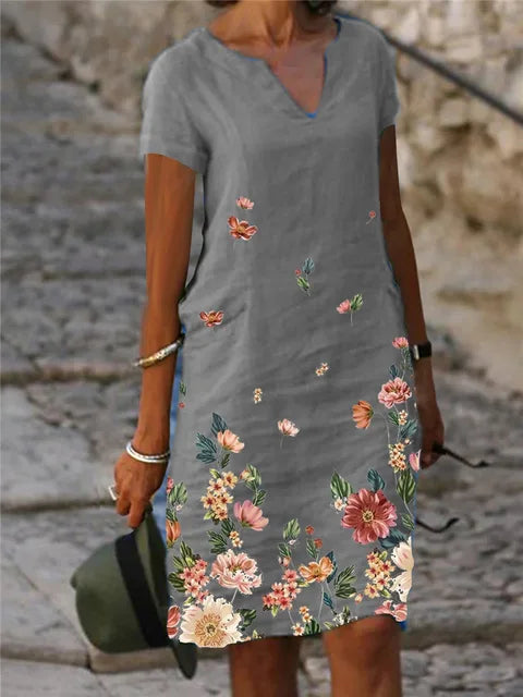 Vintage Print Women's Dress V Neck Short Sleeve Loose Fit Summer Spring Dress