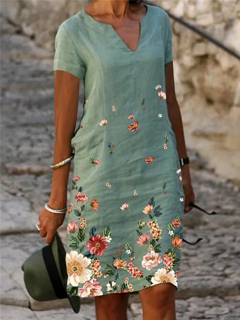 Vintage Print Women's Dress V Neck Short Sleeve Loose Fit Summer Spring Dress