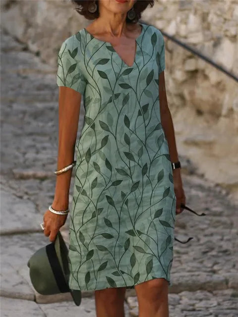 Vintage Print Midi Dress Women V-Neck Short Sleeve Loose Casual Spring Summer Fashion Dress
